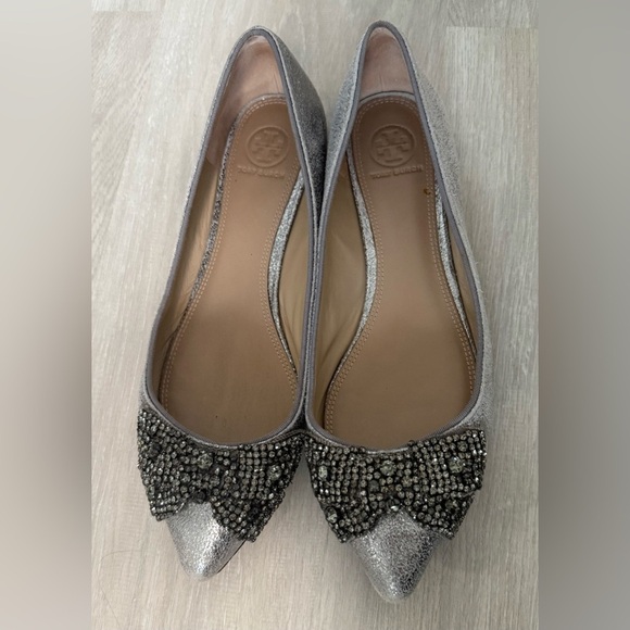 TORY BURCH silver jeweled bow tie leather pointy toe ballerina flats sz 9 - Picture 4 of 10